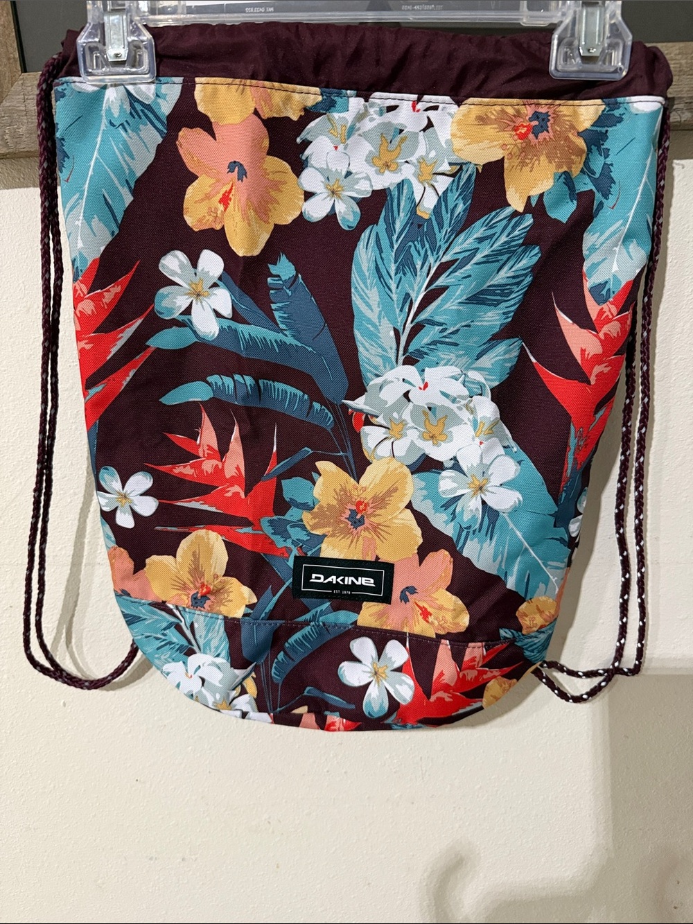 Dakine Floral Tropical Drawstring Backpack - Maroon, Teal, Yellow, Red, White